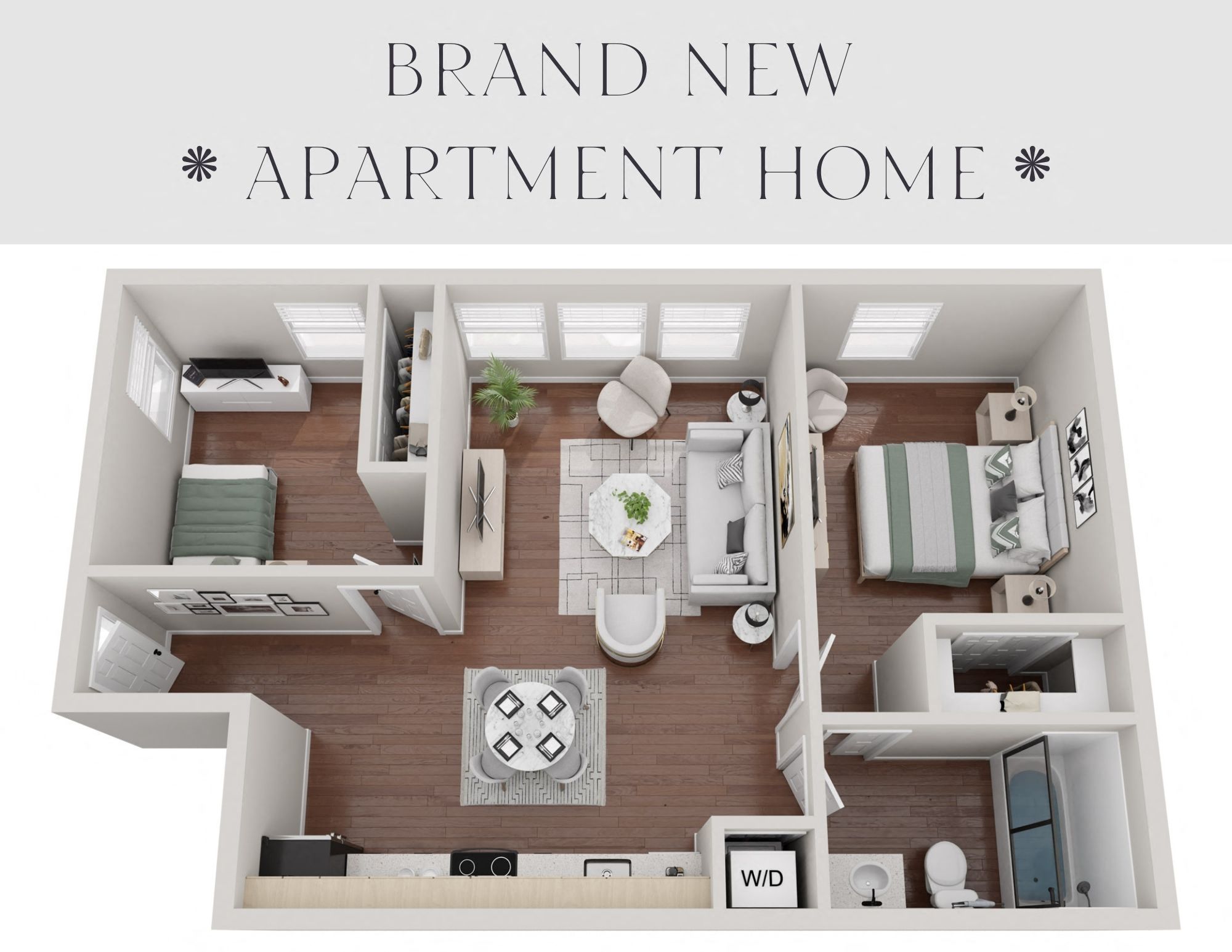 Floor plan for 2 beds, 1 bath, 797 sqft